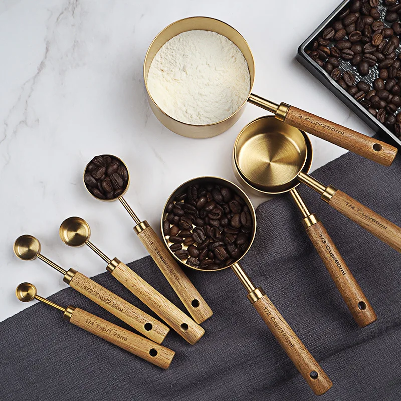 

8/4PCS Stainless Steel Measuring Cup Spoon Set Wooden Handle Baking Tools Bartending Scale Kitchen Tool Accessories Gadget set