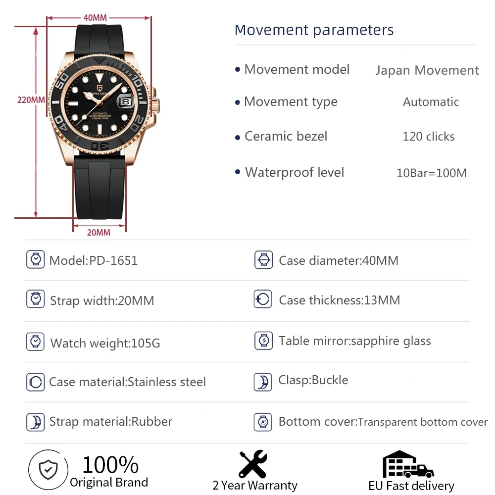 PAGANI DESIGN PD-1651 V3 Men Mechanical Sapphire Glass Automatic 40MM Stainless Steel thumbnail 6