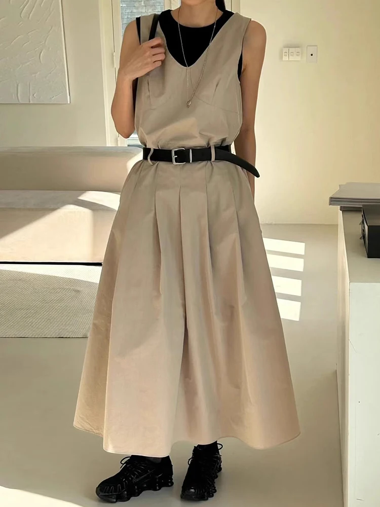 Belt Gathered Waist Long Dresses Women V Neck Sleeveless Pleated Loose Female Dress Fashion 2024 Summer New