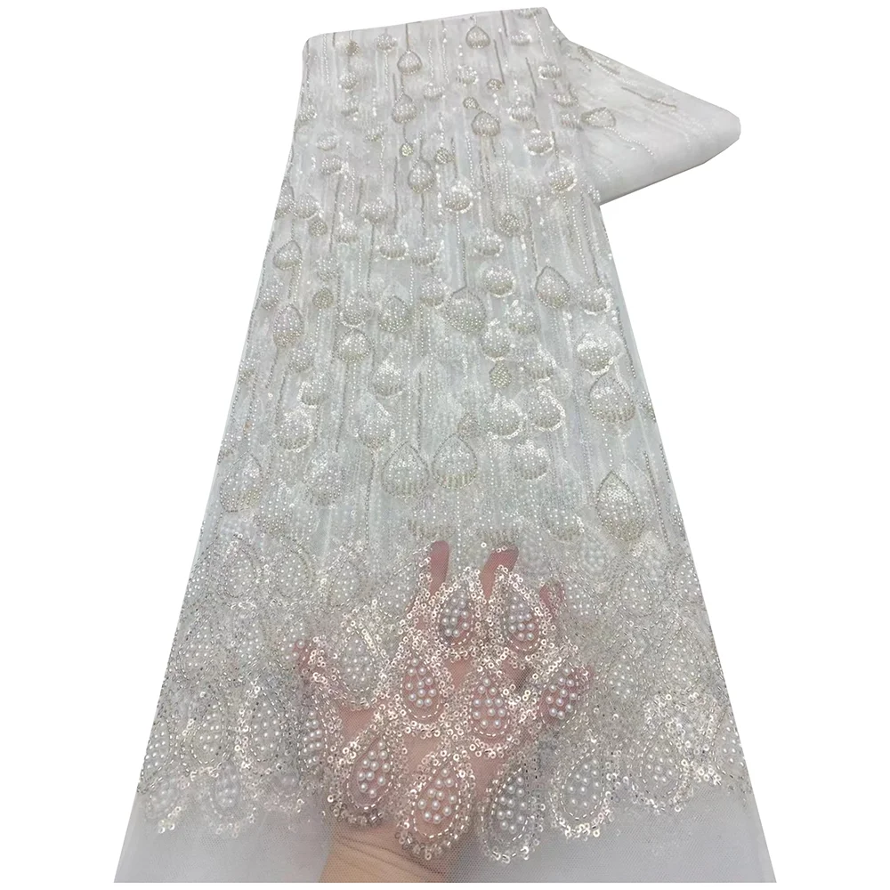 アフリカチュールビーズレーススパンコール生地 Fashionial 5 ヤードメッシュ素材女性のためのパーティードレス高級ビーズレース