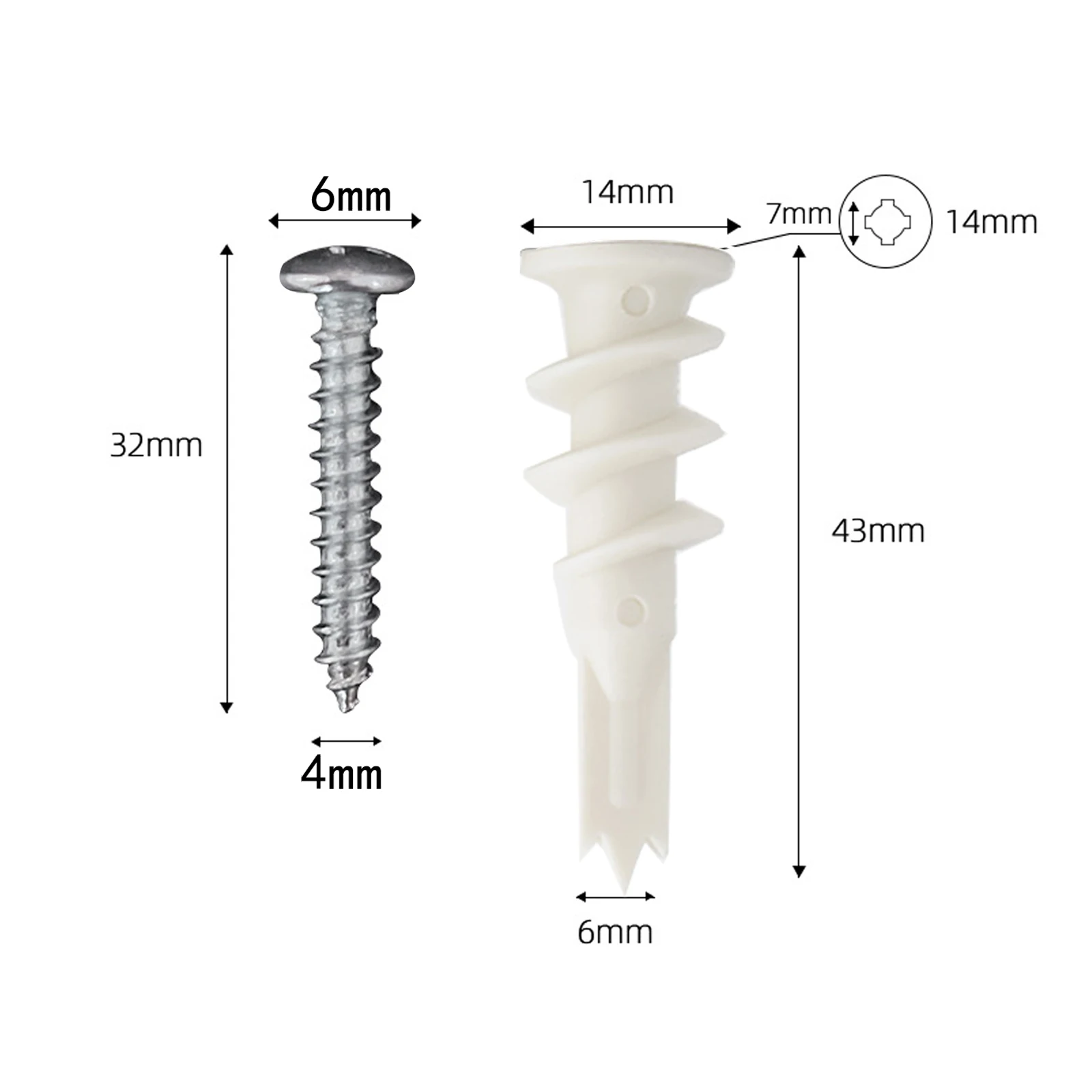30/50/100sets Drywall Screw-in Spiral Expansion Tube Set ,Self Drilling Drywall Plastic Anchors with Screws