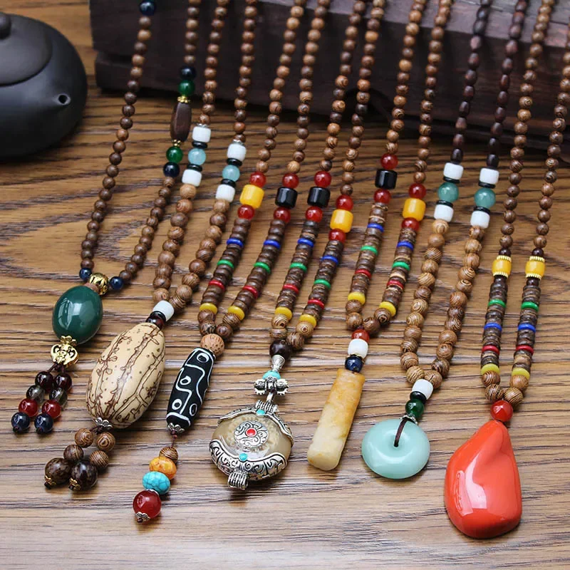 

Простая универсальная цепочка для свитера в этническом стиле, длинное ожерелье из бисера Будды, высококачественные деревянные хлопковые льняные аксессуары для мужчин и женщин
