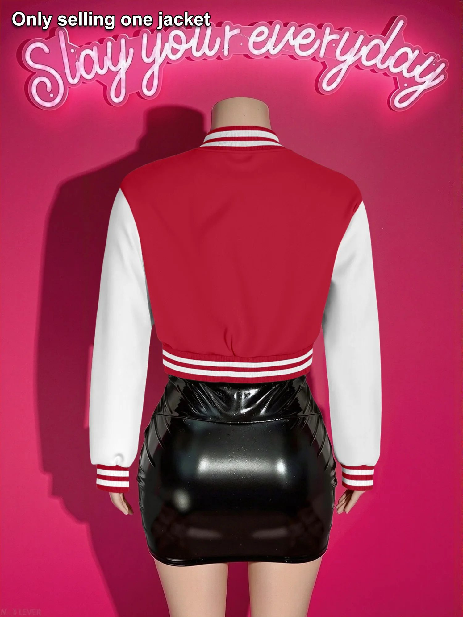 Y2K Streetwear Women Color Block Baseball Jacket Stand Collar Button Down Cropped Varsity Coat For Spring Autumn