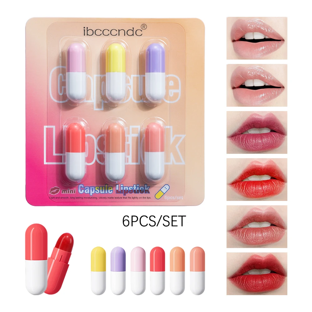 6Pcs/Set Mini Capsule Lipstick Waterproof Long-Lasting Moisturizing Non-stick Cup Carry Pill Lipstick Kit Lips Makeup For Women