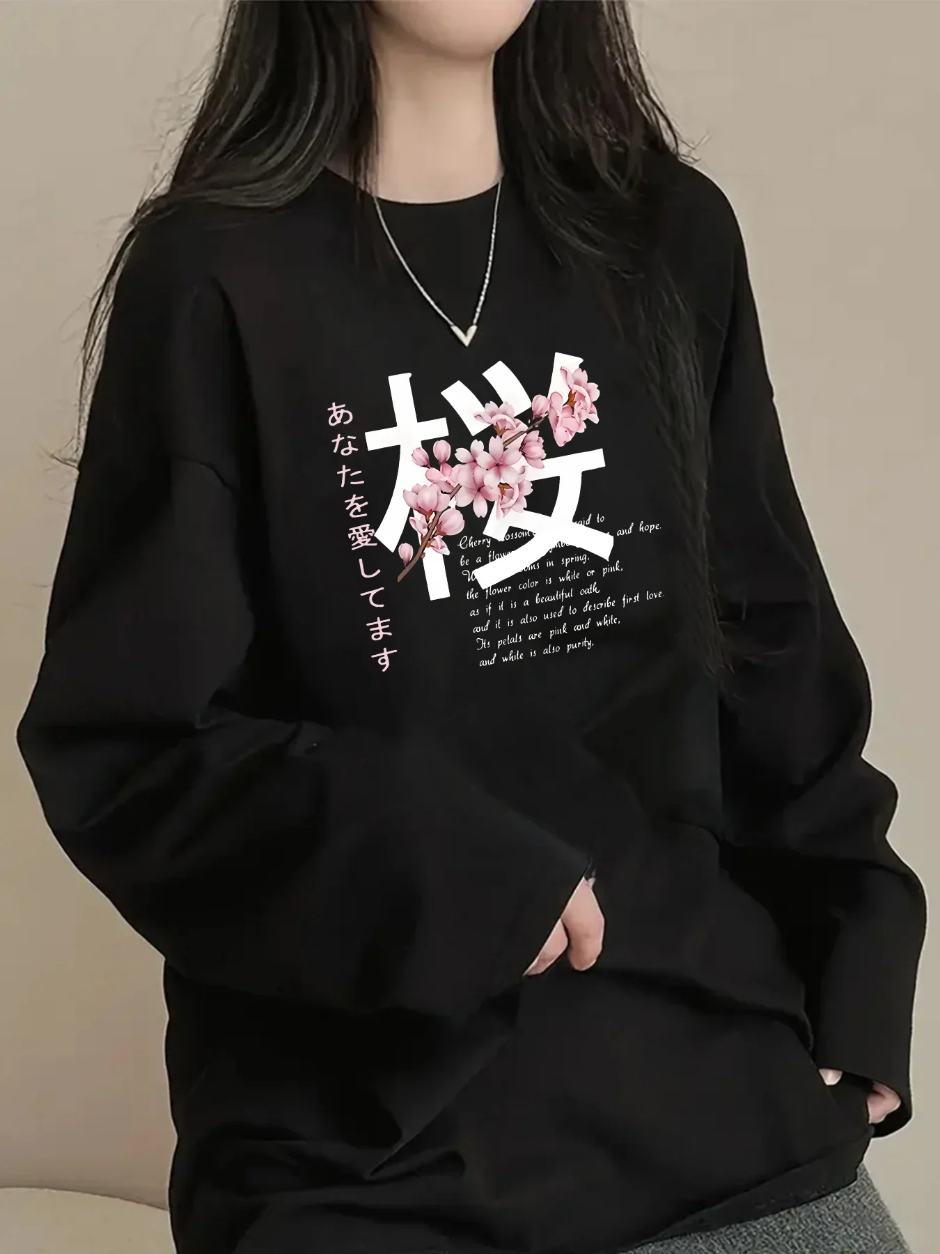 Y2K Japanese Style Women's Cherry Print T-shirt Oversized T-Shirt 100% Cotton Long Sleeve Round Neck T Shirt Harajuku Clothes