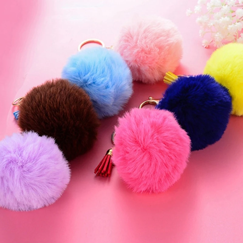 Colorful Pom Pom Keychains Faux Fur Pompoms Keychains with Keyrings and Tassel accessories for Bag Car Phone Dropship