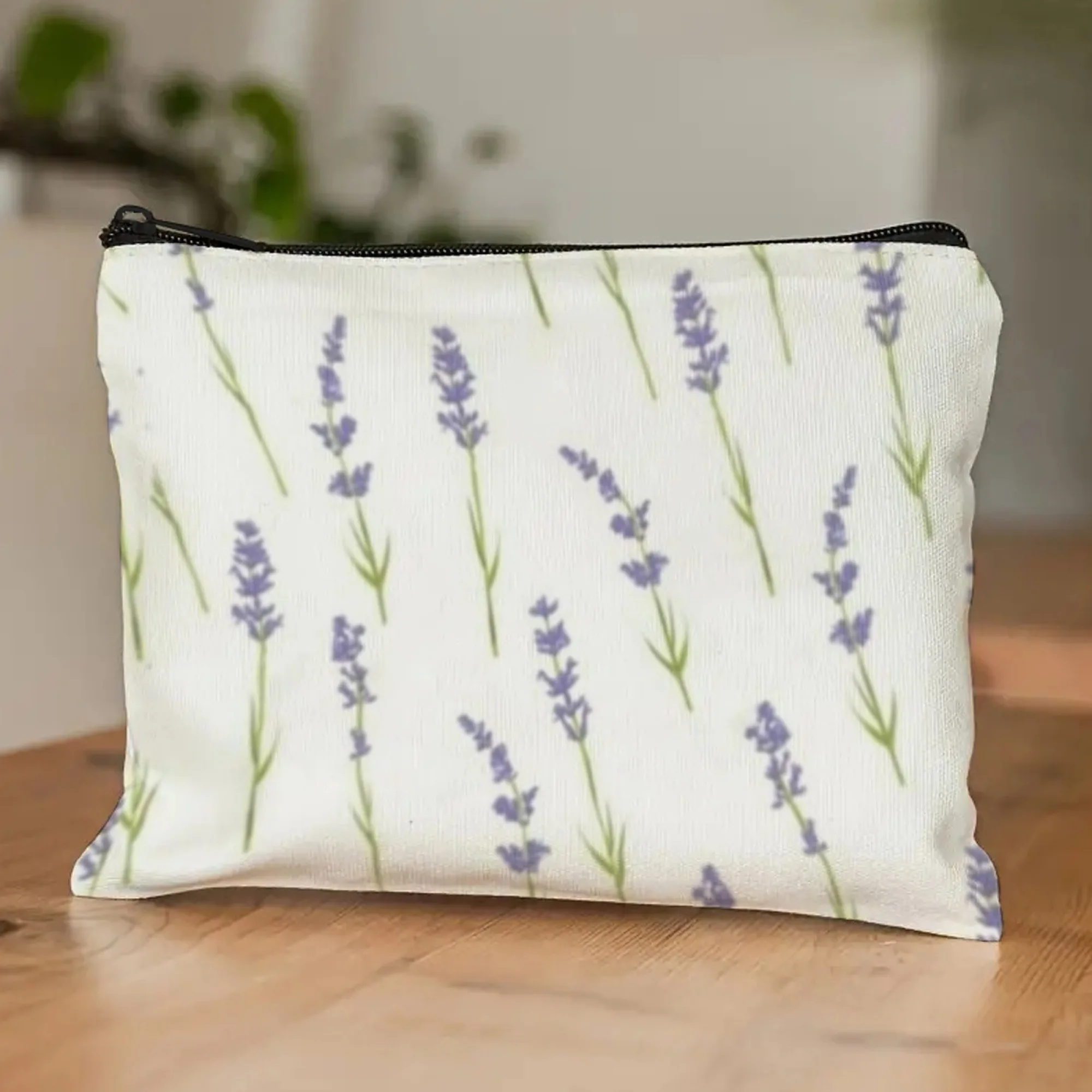 Cosmetic Pouch with Lavender Design Misty Purple Lavender Sprigs & Slim Profile Fresh-Nature Travel & Vanity  Makeup Bag