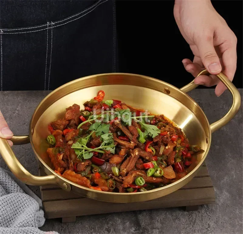 Stainless Steel gold golden Seafood Rice Pot Home Cooking Paella Pan Picnic Snack Plates Cookware Saucepan Dry Pots with Handle