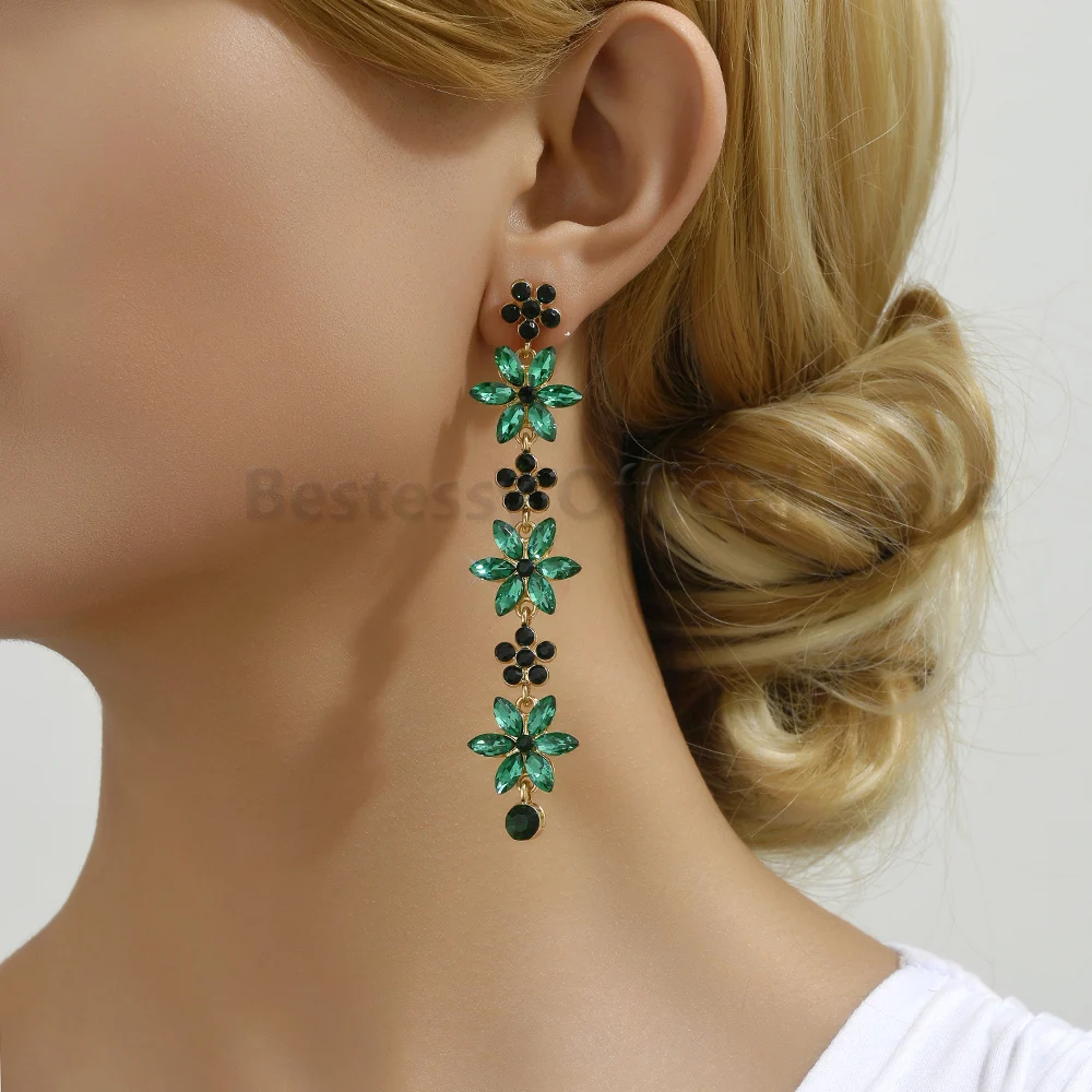 Colorful Crystal Leaf Long Pendant Flower Dangle Earrings For Women Boho Luxury Design Party Prom Clothing Matching Jewelry Gift