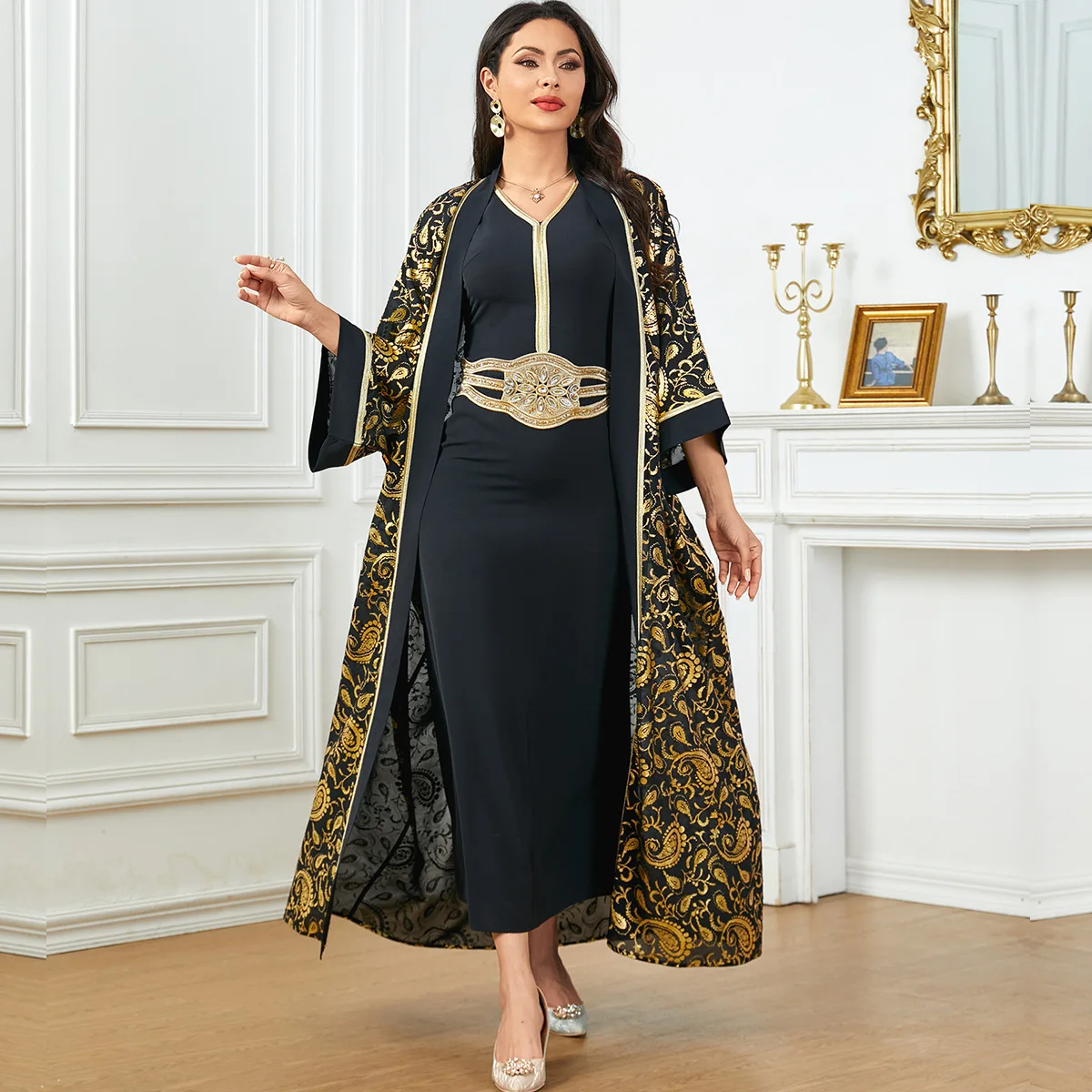 

Women Muslim Set with Belt 2ps Abaya Dubai Arabia Maxi Dresses for Women Casual Muslim Dress Women Kaftan Femme Islamic Clothing