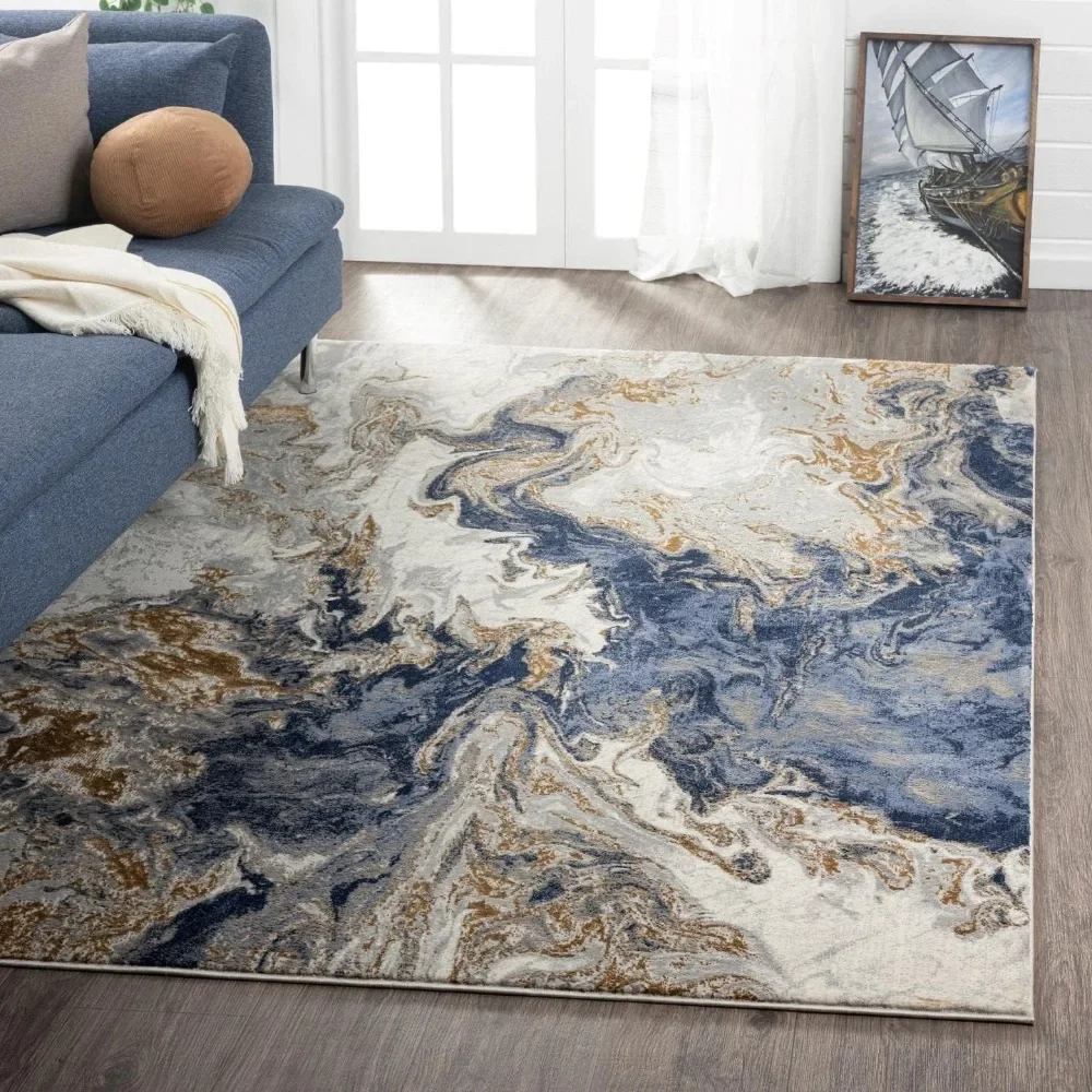 Marble Collection Blue Area Rug Modern Abstract Swirl Design Non-Shedding Carpet