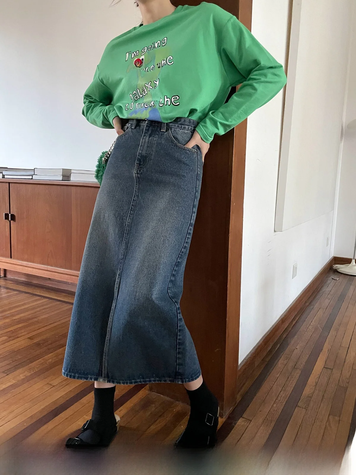 

Hello Retro Denim Split Skirt Women's High Waist Versatile Slim Straight Mid-Length Skirts Street Style Cotton Blend