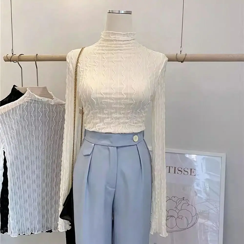New Polyester Turtleneck Mesh Top Turtleneck Long Sleeve Sheer Layering Top Soft Breathable Long Sleeve Blouse Women's Fashion