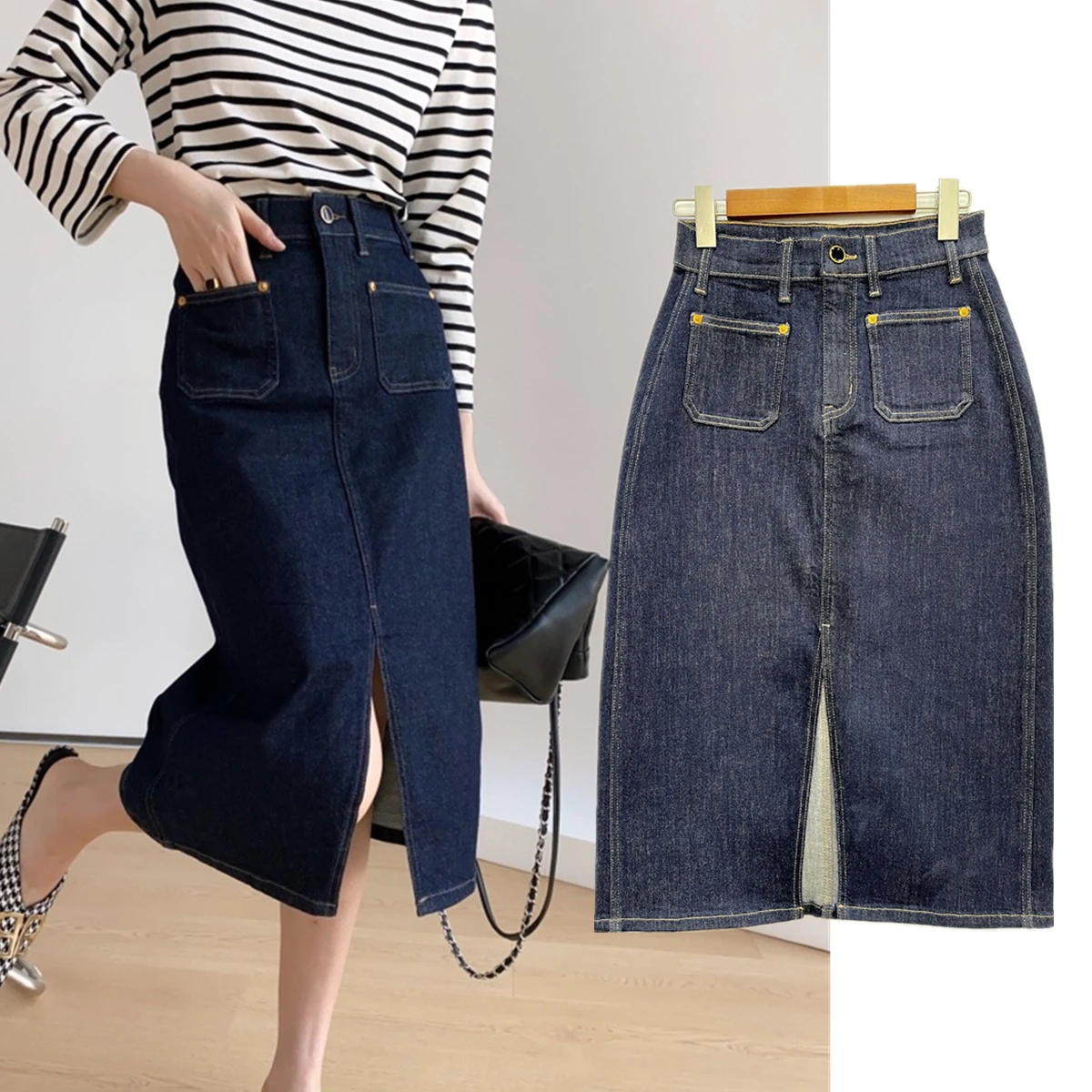 

Jenny&Dave Minimalist Women's Clothing High Waisted Midi Skirts Double Pockets Solid Color Navy Blue Slit Denim Skirt For Women