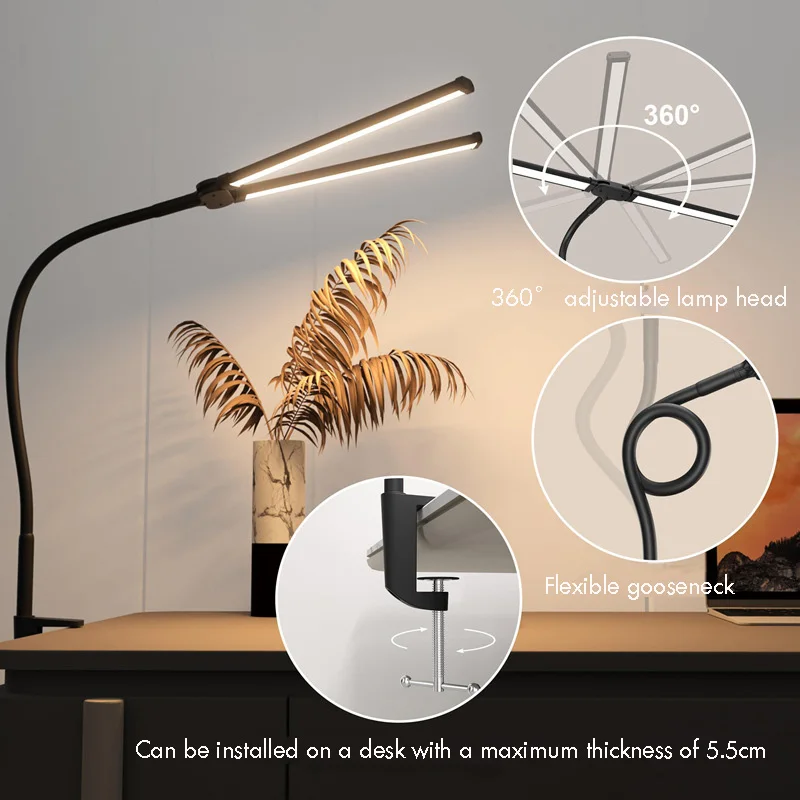 LED Desk Lamp Double-Headed Gooseneck Clip-On Office Lamp Special Eye Protection for Students Learning And Reading Lights