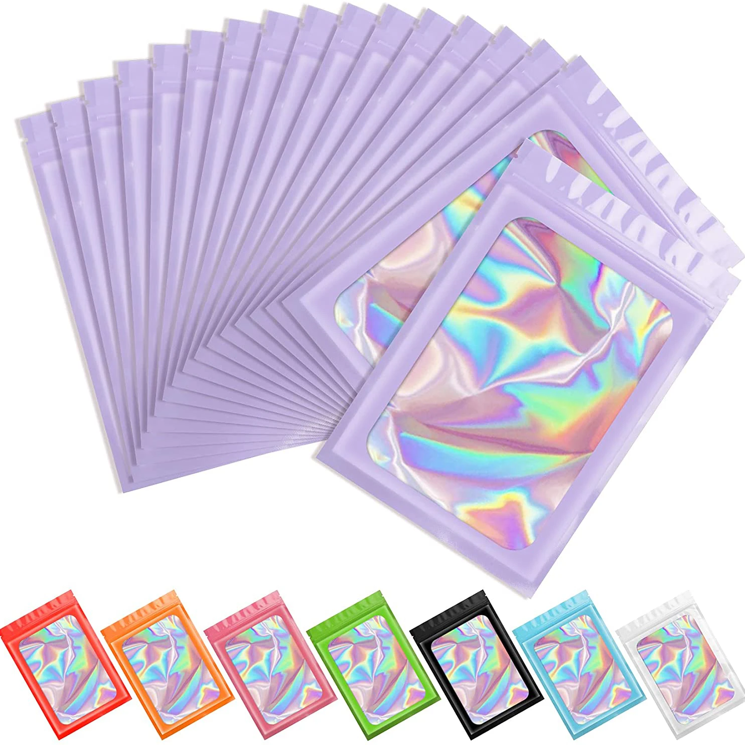 100pcs Iridescent Zip Lock Bags Smell Proof Mylar Bags Resealable Odor Proof Bags Holographic Makeup Bags Hologram Zipper Bags