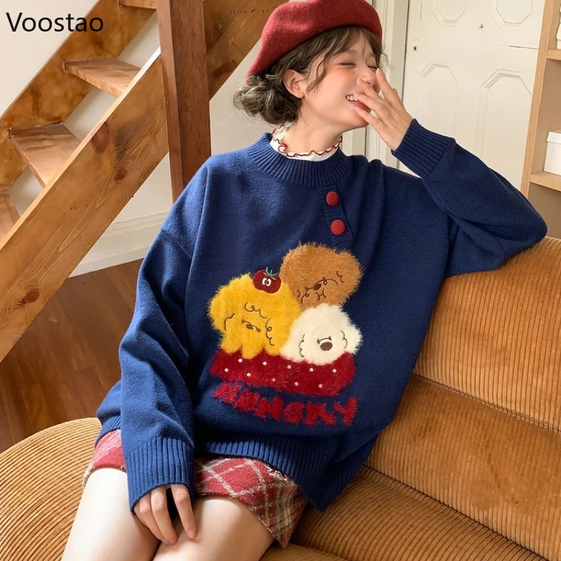 캐주얼 스위트 로리타 스타일 스웨터 가을 여성 카와이 만화 강아지 자수 니트 풀오버 여성 귀여운 루즈 니트웨어 탑