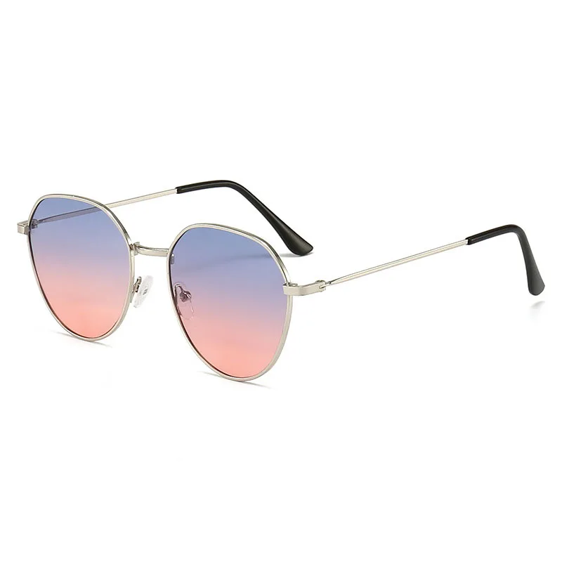 Retro Polygon Men Women Sunglasses Gold Metal Frame Blue-Pink Lens UV400 Protection Light Weight Shades for Beach Travel Street