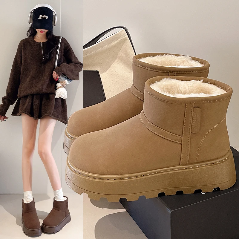 

2025 г., модные, хит продаж, высококачественные зимние ботинки на толстой подошве с меховой подкладкой, женские зимние теплые хлопковые ботинки на меху на высоком каблуке с круглым носком