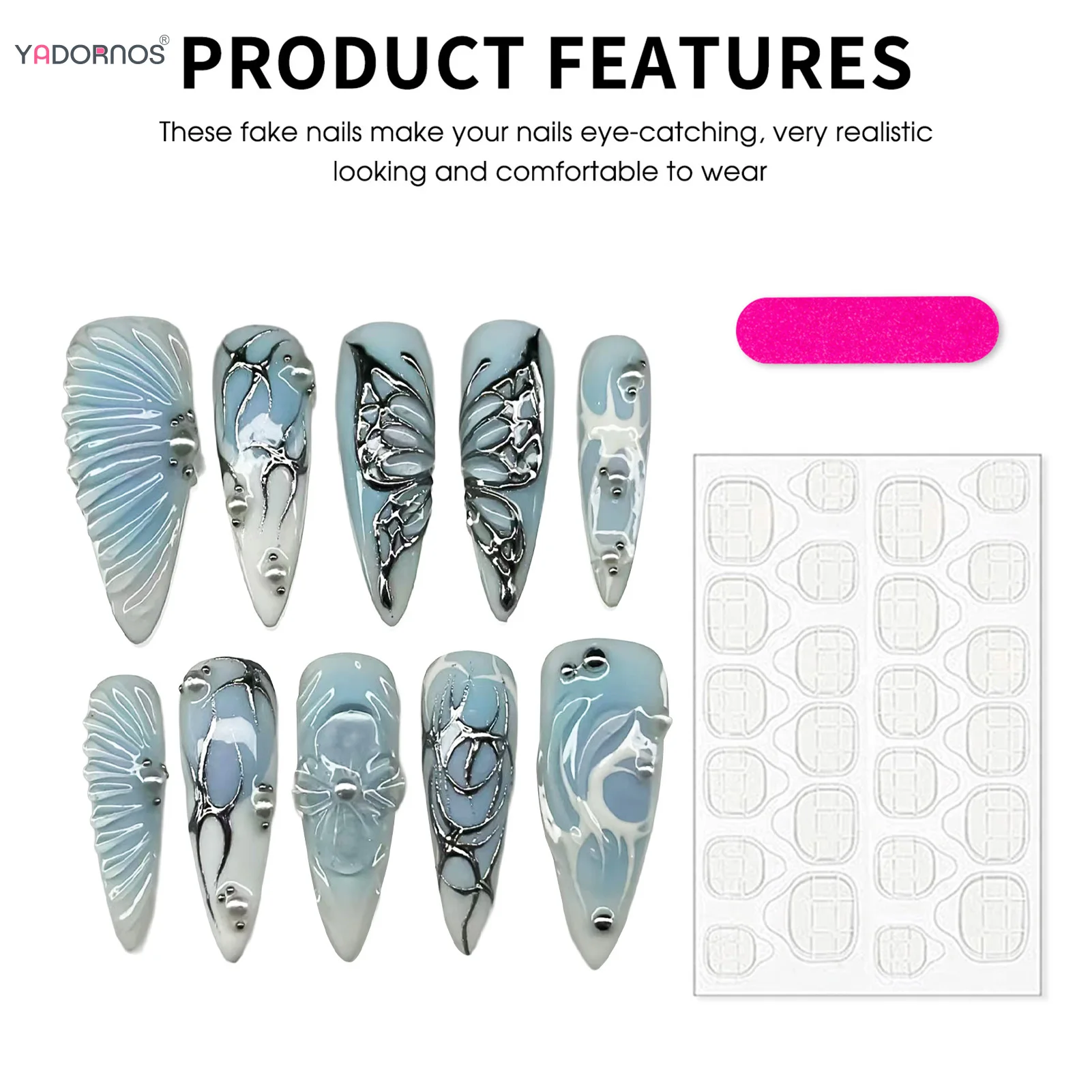 10個入り パンクスタイル ハンドメイド つけ爪 フラッシュラインストーン テクスチャードアーモンド型 付け爪 3Dレリーフフラワー スイートクール フェイクネイルチップ