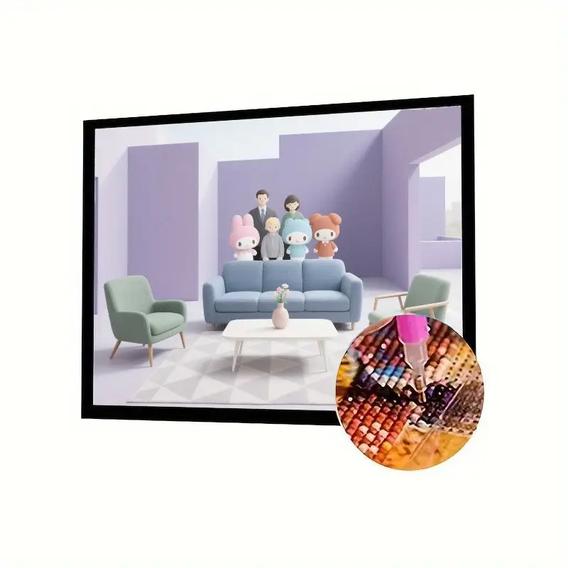 

1 комплект 5D DIY Full Drill Diamond Painting Kit — очаровательный мультфильм «Семья и друзья» на диване в уютной современной сцене гостиной с P