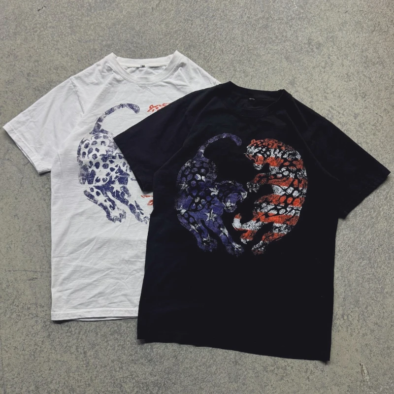 

Y2K повседневная повседневная футболка с принтом животных гепарда разделенные футболки модные ретро универсальные топы в стиле Харадзюку унисекс одежда больших размеров