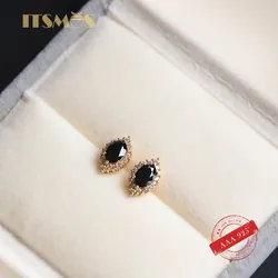 ITSMOS s925 Sterling Silver 14K Gold Plated French Black Agate Earrings Female  Simple Small Retro Elegant Earrings for Women