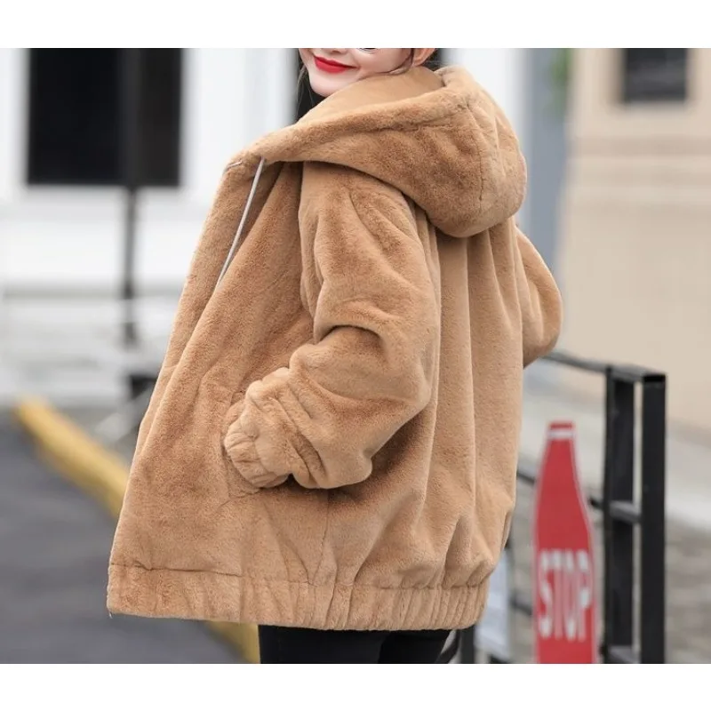 Flannel Hooded Jacket Women's Medium and Long Winter New Loose Plush Warm Long-sleeved Plush Short Jacket