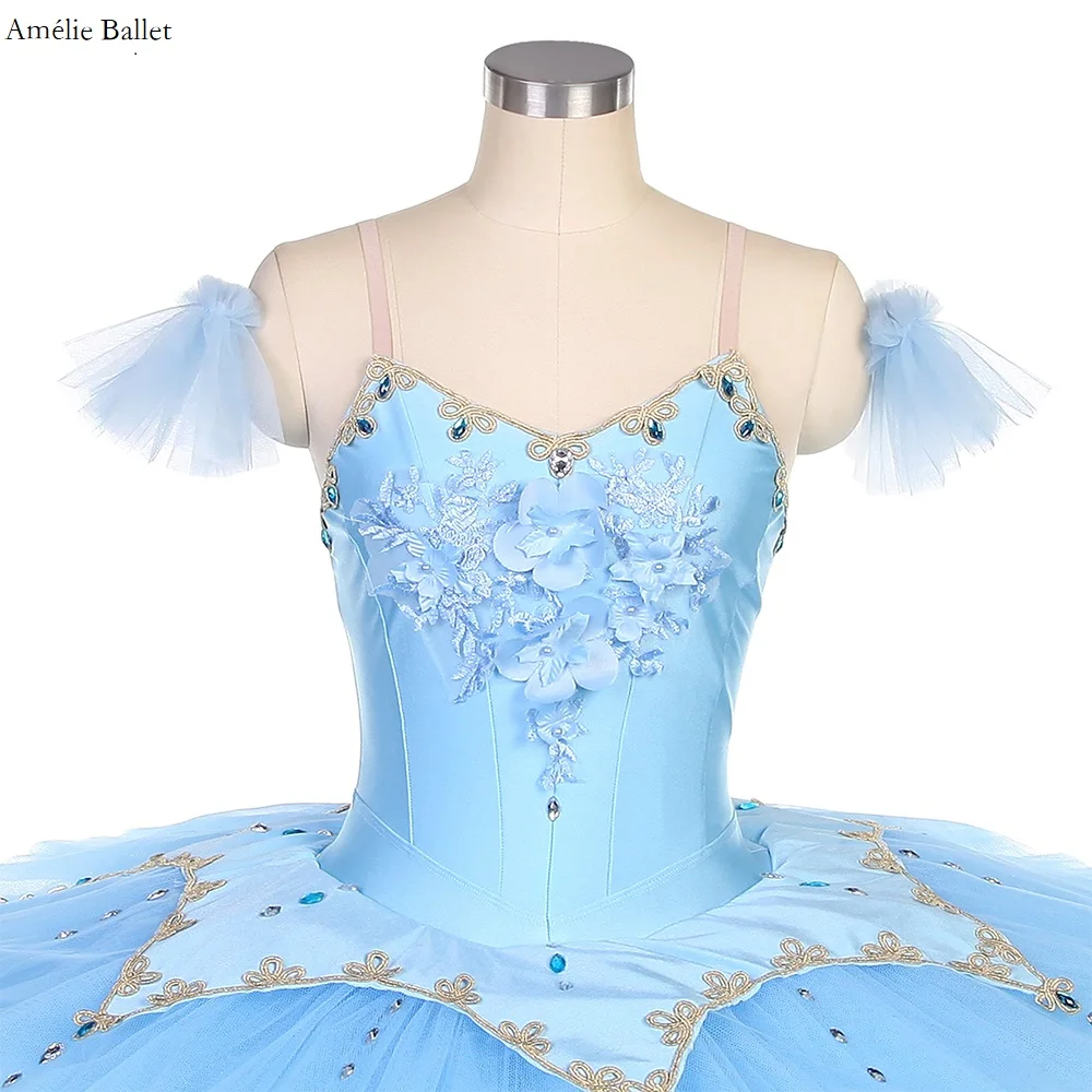 BLL509 Corpetto in spandex blu con gonna tutu pancake in tulle plissettato Ragazze Donne Costumi di performance tutu di balletto pre-professionale
