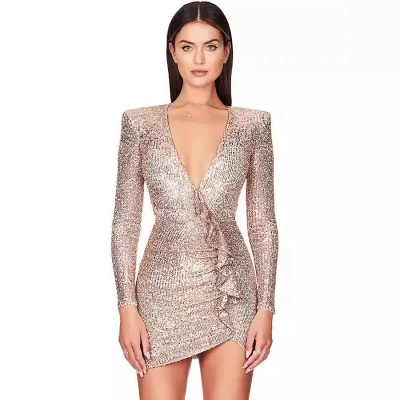 

2025New Sequined Slim Dress Women's V Long Sleeve Puff Sleeve Glitter Wrap Party Outfit