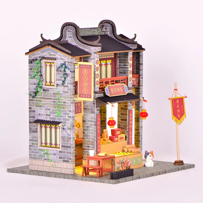 

OUZEY Wooden DIY Miniature House Kit Cantonese Bakery Traditional Pastry Shop 3D Puzzle Dollhouse Craft Toy Room Decor