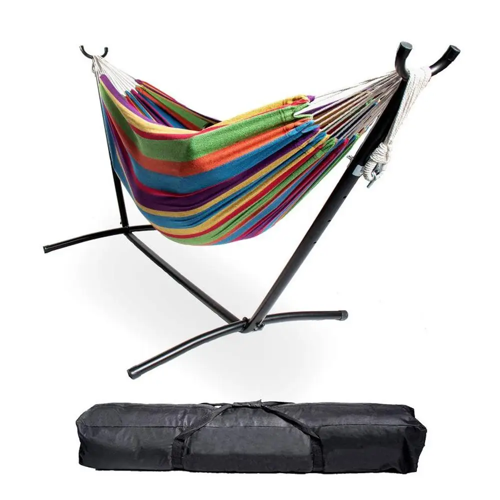 

Double Hammock with Stand Sturdy Cotton Fabric 550lbs Capacity Adjustable Height Carrying Bag Indoor/Outdoor Relaxation Hammock