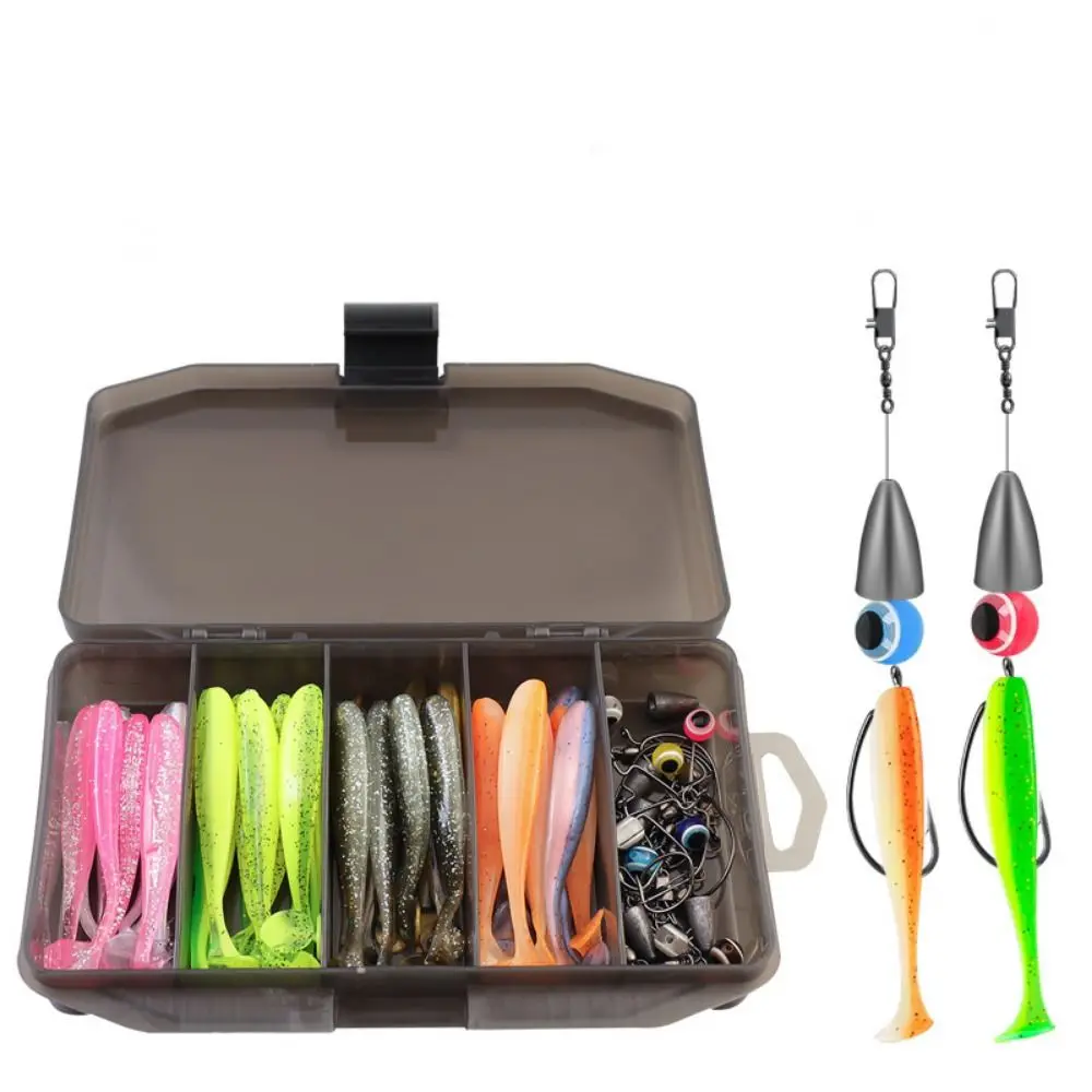 76pcs Crank Hook Fishing Soft Bait Set T-tail Curved Shank Hooks Fishing Storage Box with Hook with Storage Box Waterproof