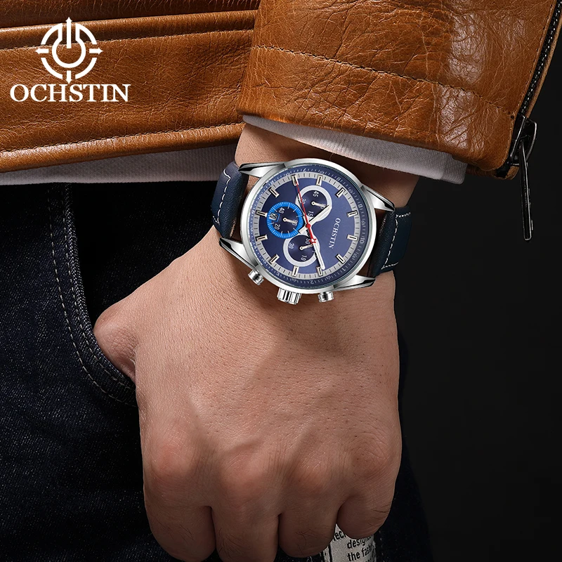 OCHSTIN Men’s Quartz Movement Watch Man Genuine Leather Strap Mineral Hardened Glass Waterproof Calendar Casual Wristwatch
