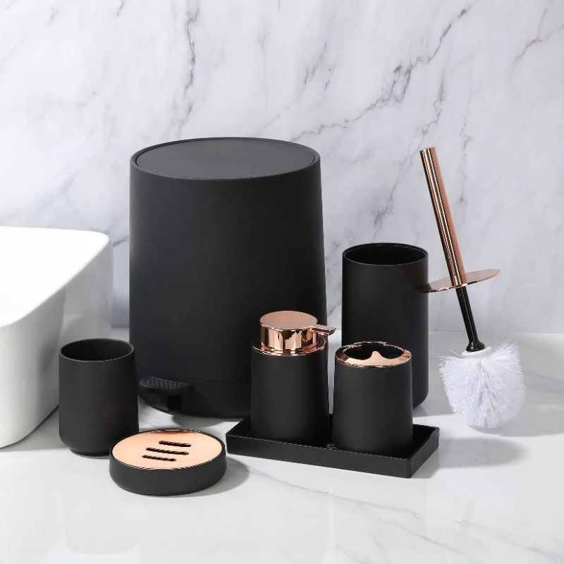 

Bathroom wash six-piece set trash can toilet brush lotion pump toothbrush cup mouthwash cup