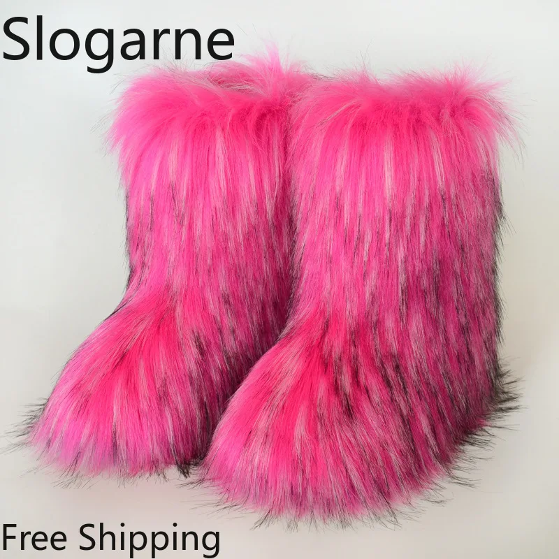 

2025 Women Winter Fluffy Fur Boots Woman Furry Snow Boots Plush Warm Outdoor Footwear Girls Luxury Faux Fox Fur Platform Shoes