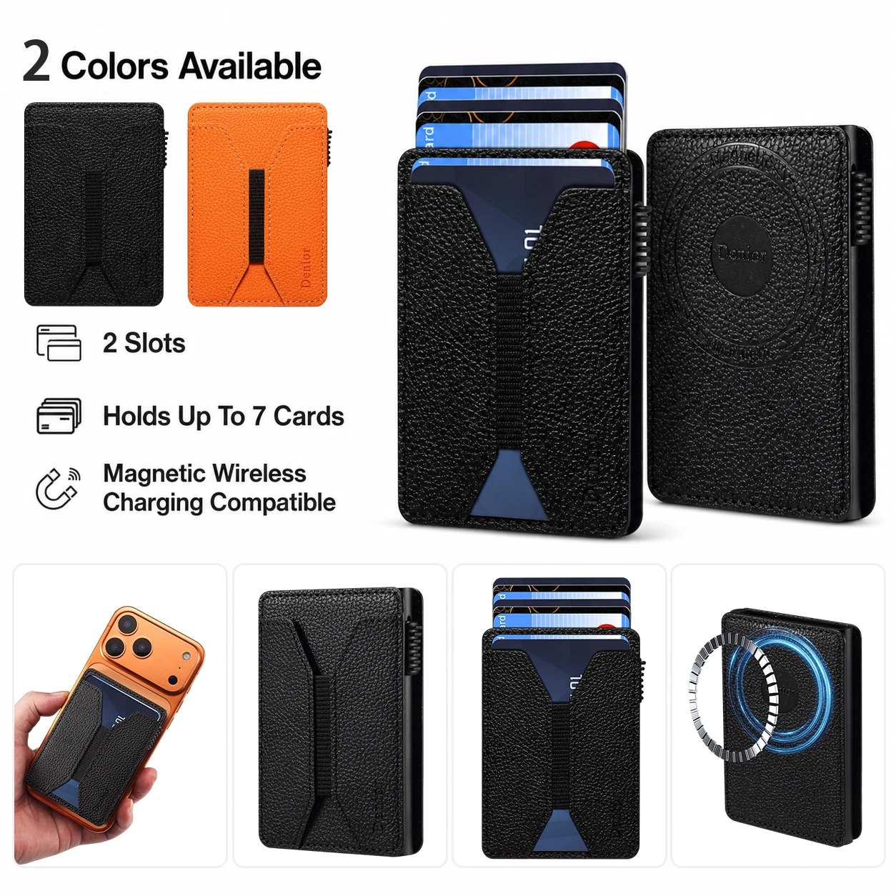 Mens Magnetic Wallet For Phone With Litchi Grain Faux Leather 2 Slots 7 Card Capacity Front Pocket Quick Access Daily Carry Slim
