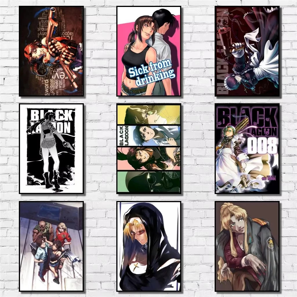 Anime Black Lagoon Whitepaper Poster TwoHand Artwork Painting Funny Wall Sticker for Coffee House Bar 