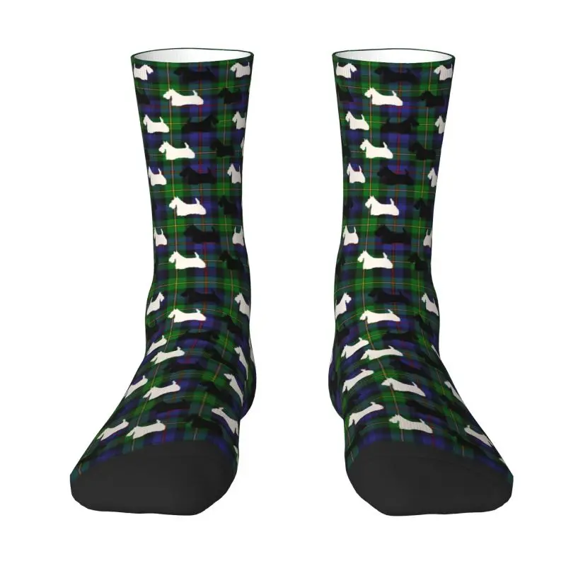 Blue Green Tartan Scottish Terrier Plaid Dress Socks Men's Women's Warm Funny Novelty Scottie Dog Crew Socks