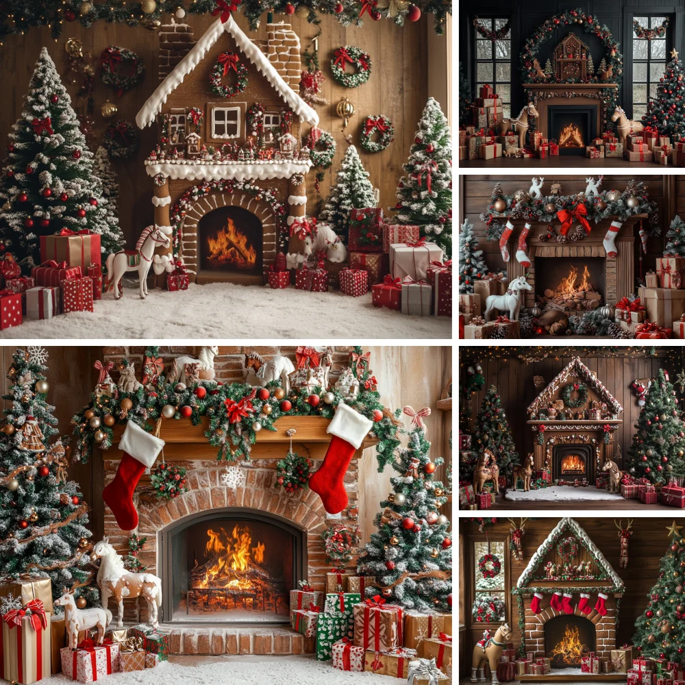 

Photography Background Winter Christmas Gingerbread House Xmas Tree Kids Family Portrait Decor Backdrop Photo Studio