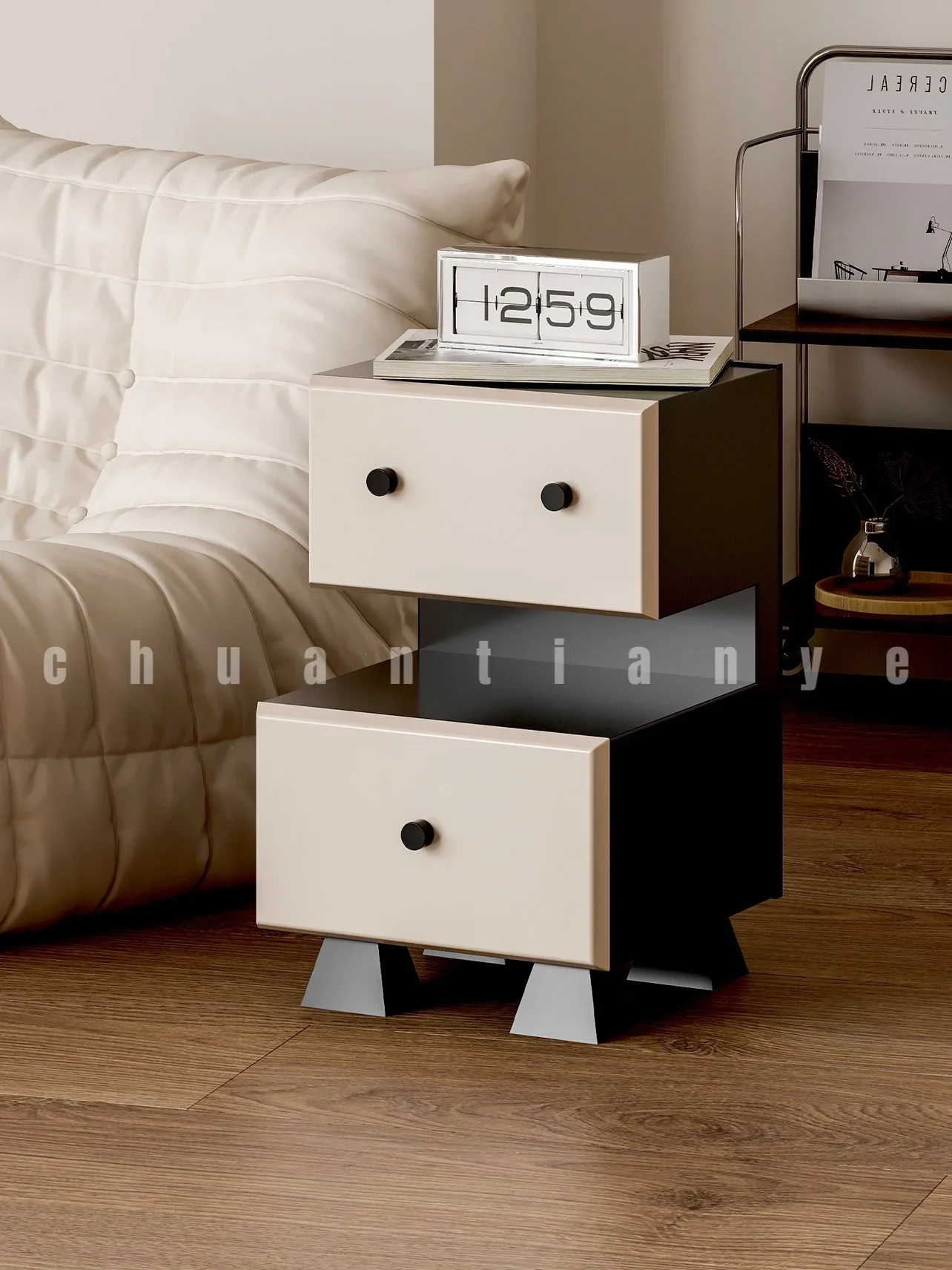 Black and white robot bedside table Modern light luxury sofa side cabinet Bedroom living room storage decorative cabinet