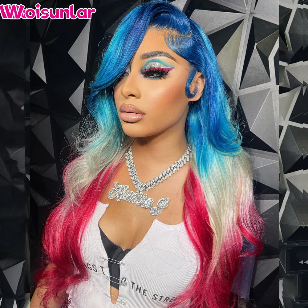 Perruque Lace Closure Wig Body Wave brésilienne naturelle, cheveux humains, pre-plucked, bleu ombré et rouge 613, 4x4, 13x6, lace front transparent, 613