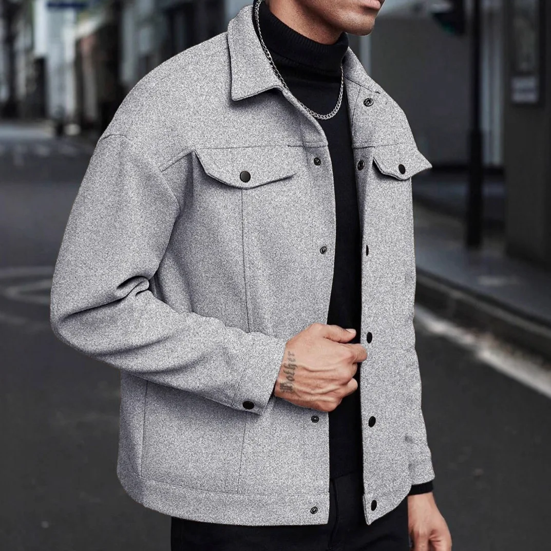 Men Wool Blend Lapel Work Jacket Faux Double Chest Pockets Button Loose Casual Street Coat Spring Autumn Winter Daily Outerwear view 2
