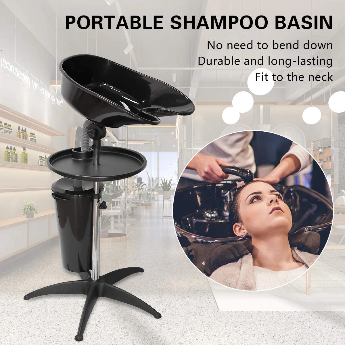 

Mobile Shampoo Basin Sink with Drain Hose Adjustable Height 100-135cm Stainless Steel Pipe Stand for Beauty Salon Barber Shop