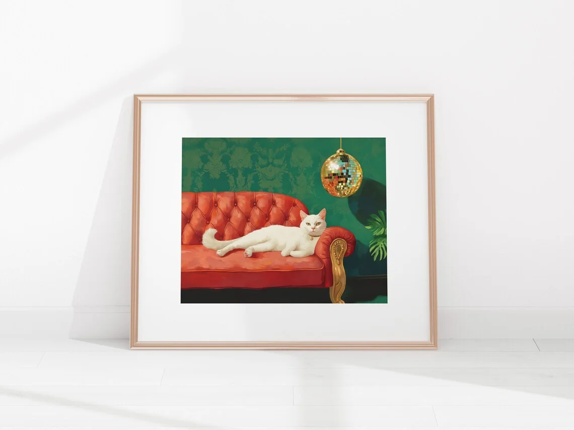 White Cat with Disco Ball Art Print | Cute Quirky Whimsical | Cocktail Art Bar Cart Decor | Fine Art Print | Trendy Home Wall Ar image 3