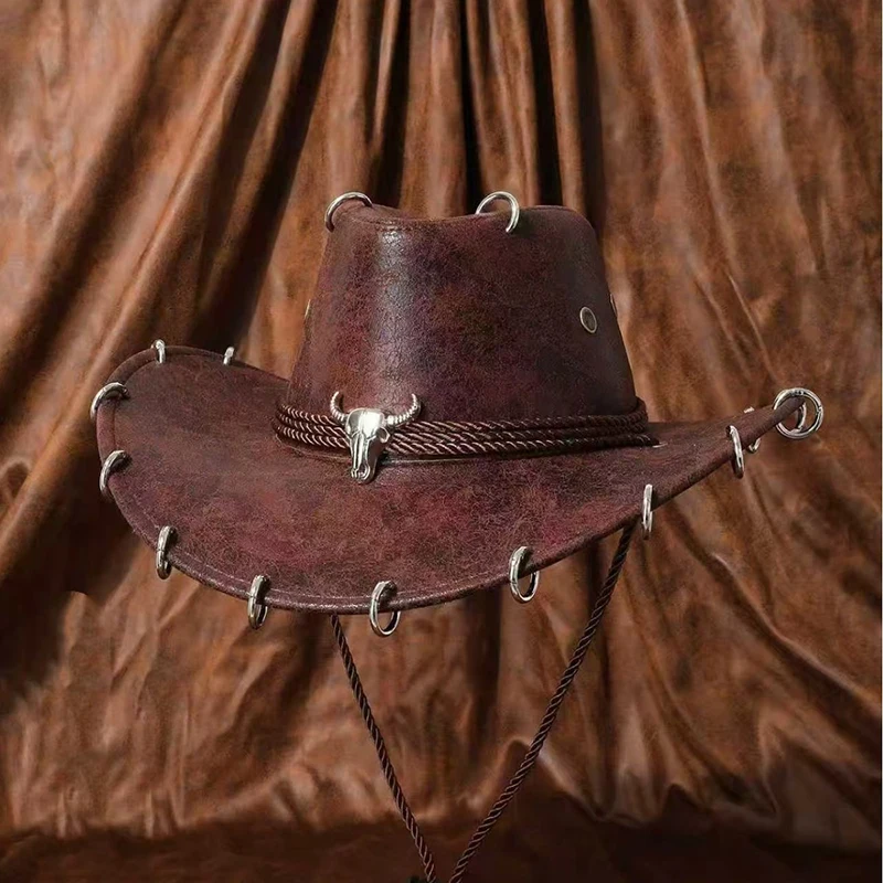 Vintage Faux Leather Western Cowboy Hat Adjustable PU Leather Travel Men Women Fashion Cowgirl Bullhead Badge Outdoor Jazz Hats 3