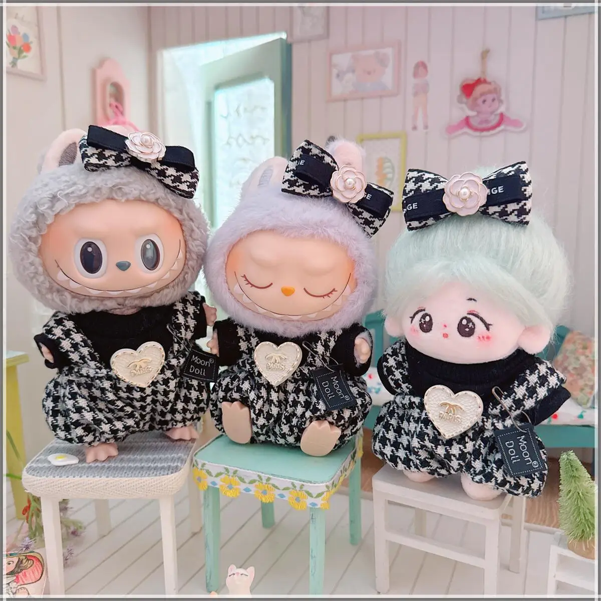 ﻿10cm Cute Idol Doll Clothes Kawaii British Grid Rompers Bow T-shirt 3Pcs Suit Kawaii Soft Kids Toys for Small Doll Girls Gifts