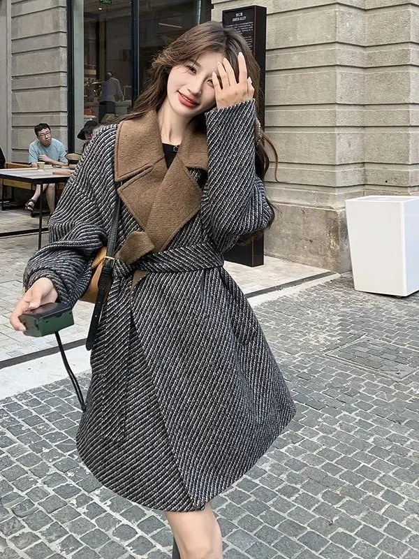 

Korean Sle Thiened Woolen Coat Women's Autumn Winter Vertical Stripes Color Colion ort Outerwear Faion Sensation