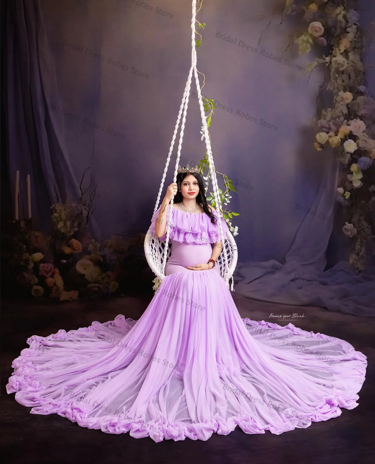 Lavender Purple Women Maternity Dresses for Photo Shoot Off Shoulder Robe Tiered Tulle Mermaid Prom Wedding Pregnant Customized