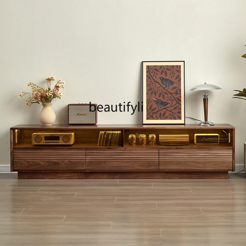 North America Black Walnut TV Stand Living Room Small Apartment Modern Minimalist Solid Wood Cabinet Log